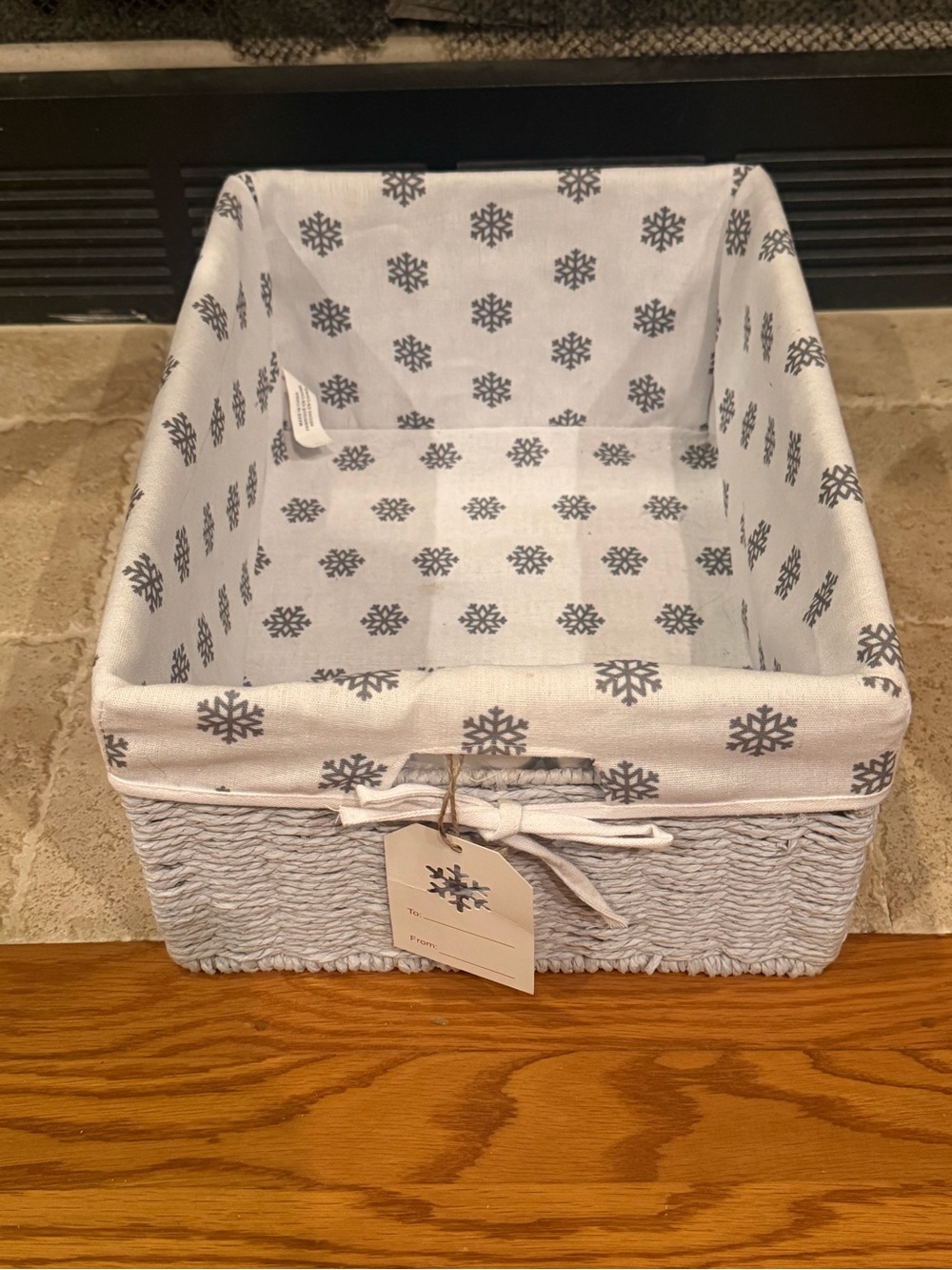 Snowflake-Print Woven Storage Basket - White